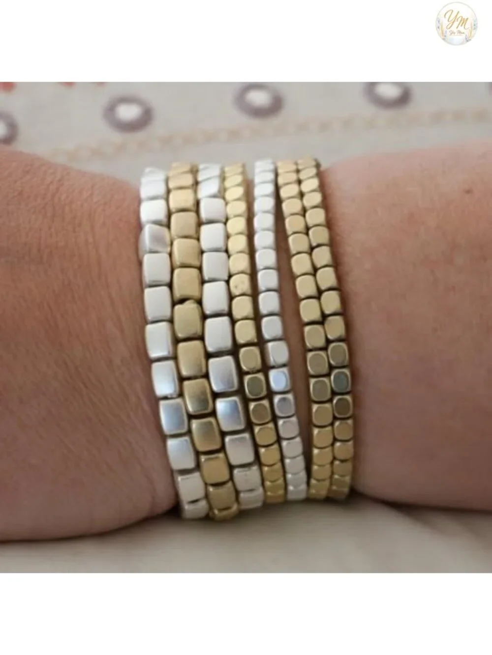 Chunky Multi-Strand Stretch Bead Bracelet Set of 7 - Silver & Gold Stack